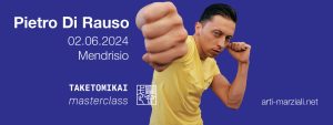Foto di Pietro di Rauso che esegue una tecnica di pugno. Pietro indossa una t-shirt gialla. La foto è su fondo blu. Le didascalie sono: Pietro Di Rauso, 2 giugno 2024, Mendrisio. Taketomikai Masterclass. info: arti-marziali.net.